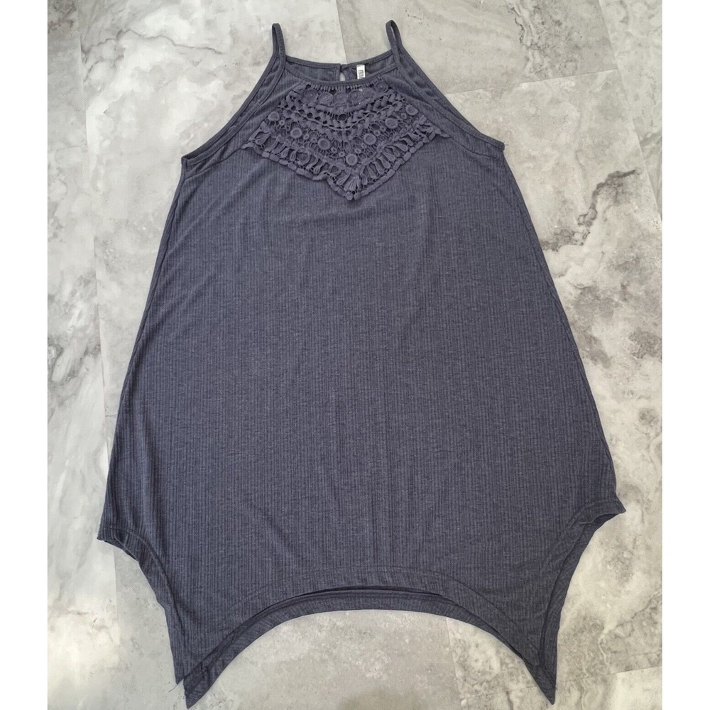 Monoreno Jersey Knit Trapeze‎ Dress Hanky Hem Blue Crochet Lace Yoke Small